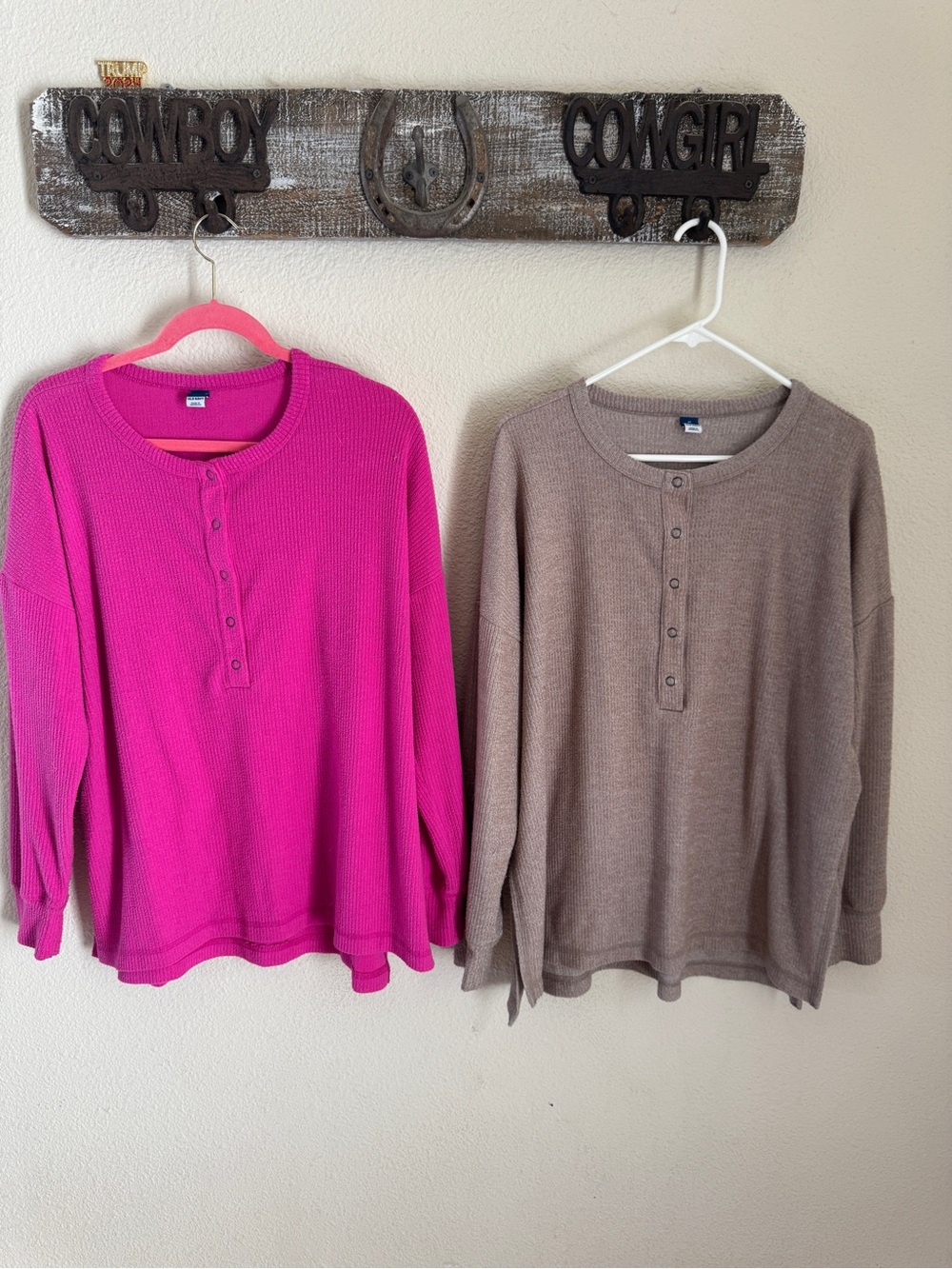 Old Navy Button-Front Thermal Henley Sweater - Hot Pink & Tan